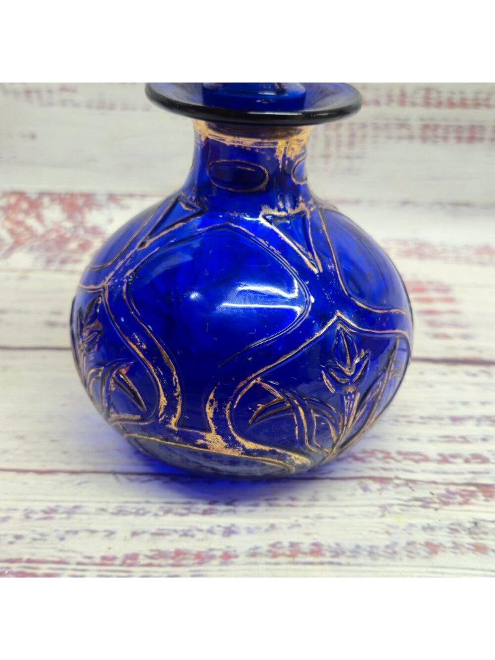 Vintage Cobalt Blue bohemian glass perfume bottle Hand-Painted Gold Floral - Picture 7 of 16